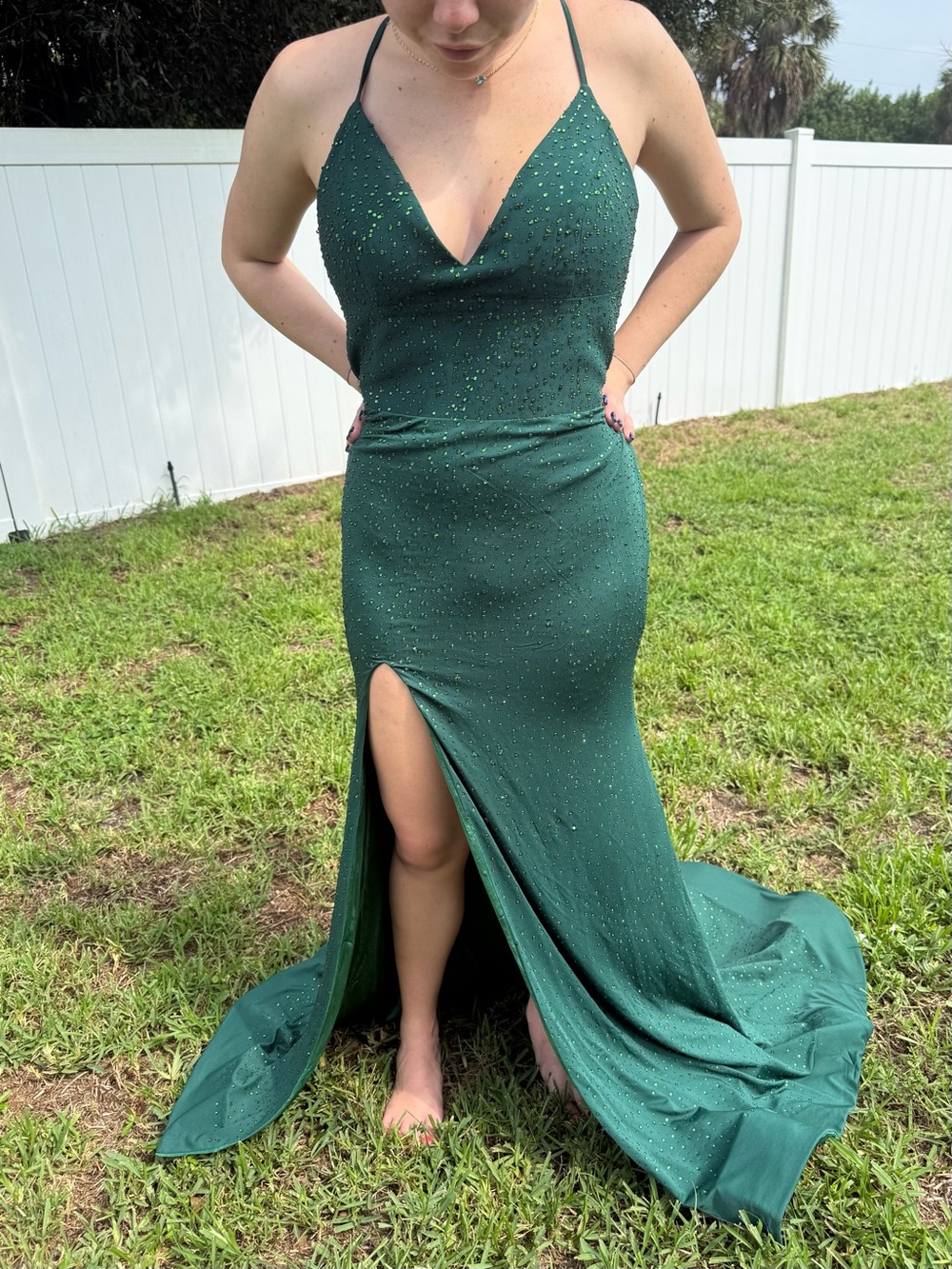 Sparkling Forest Green Spaghetti Strap Prom Gown